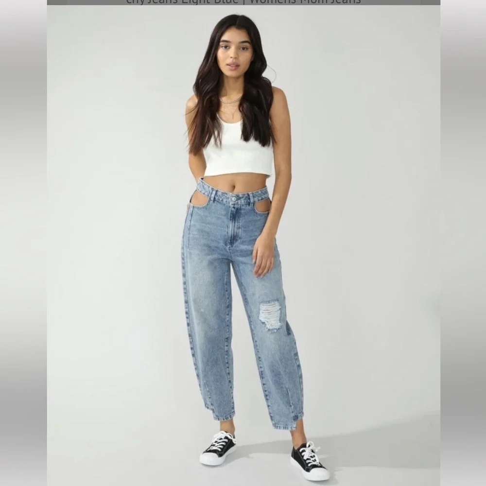PIMKIE High Waisted Slouchy Cut Out Mom Jeans in Light Blue Size S - Picture 5 of 16